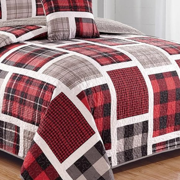 New 4 PC Quilt Set • Patchwork with Accent Pillow • Red/Grey • DoubleQueen (DQ) - Picture 3 of 5